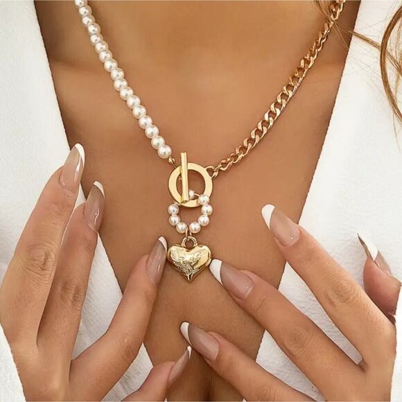Pearl Necklace with Toggle Clasp Heart Link Chain Choker Pearl Jewelry - Picture 1 of 11